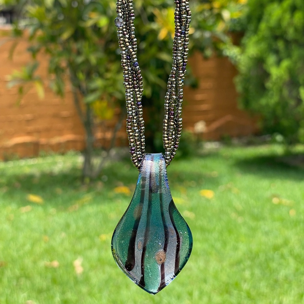 Seed Bead Blue and Green Dichroic Pendant Necklace